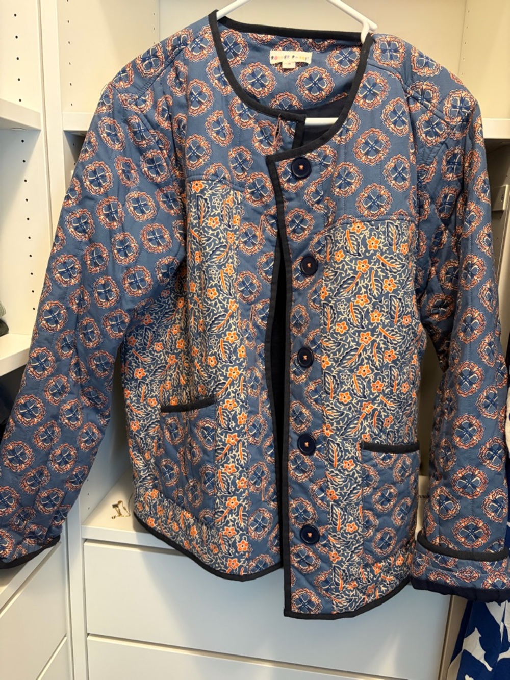 Roller Rabbit Blue Quilted Floral Utility Jacket with Orange Accents